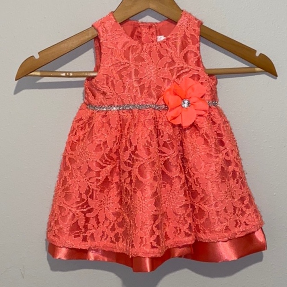 Coral Lace Embroidered Overlay Dress